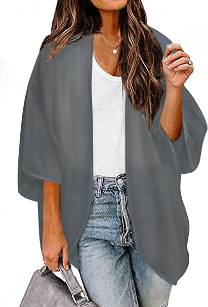 BB&KK Women's Chiffon Boho Kimono Cardigans Casual Loose Open Front Cover Ups