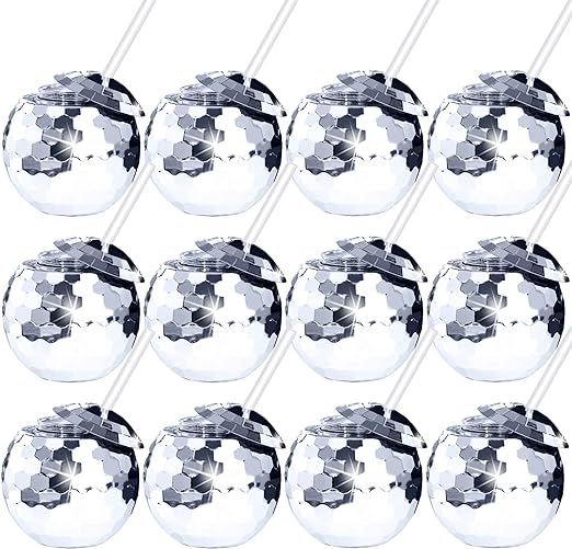 Tongnian 12 PCS Disco Ball Cups Tumbler Disco Flash Ball Cocktail Cup Silver Spherical Cup with Lid and Straw Disco Wine Glass Drinking Syrup Tea Bottle for Disco Bar Party Supplies