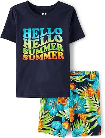 The Children's Place Boys Sleeve Top and Shorts Snug Fit 100% Cotton 2 Piece Pajama Set, Hello Summer Vibes