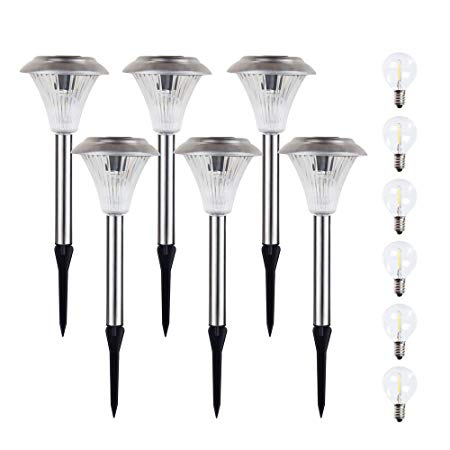 shinar 6 Pack Solar Lights Warm White 30 Lumen Edison Led Bulb for Lawn Patio Yard Garden Outdoor Path Lights Torches Lights Solar Security Path Lights Driveway Landscape (Stainless Steel, White)