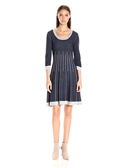 Nine West Women's 3/4 Slv Crew Neck Double Jacquard Fit and Flare Dress