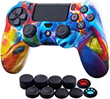 YoRHa Water Transfer Printing Camouflage Silicone Cover Skin Case for Sony PS4/slim/Pro Dualshock 4 Controller x 1(Colourful Stream) with Thumb Grips x 10