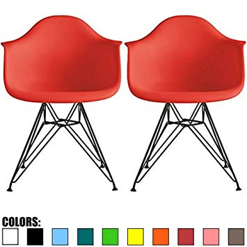 2xhome Set of Two (2) Red Armchair Natural Wood Legs Eiffel Dining Room Chair - Lounge Chair Arm Chair Molded Arms Chairs Seats Wooden Wood Leg Wire Leg (Bright Red - Black Wire Legs)