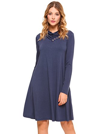 iClosam Women Flare Swing A-line Flowy Dress Button Cowl Neck Long Sleeve Loose Midi Pleated Tunic