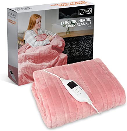 LIVIVO Heated Electric Over Blanket – Soft Micro Fleece Throw with 10 Heat Settings and Timer Function – 160x130cm - Easy to Use Detachable Digital Control - Machine Washable (Pink)