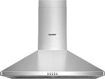 Comfee CVP30W4AST 30 Inch Ductless/Ducted Convertible Pyramid 350 CFM Wall Mount Vent Stainless Steel Kitchen 3 Speed Exhaust Fan, 5-Layer Aluminum Permanent Filters, Two LED Lights Range Hood