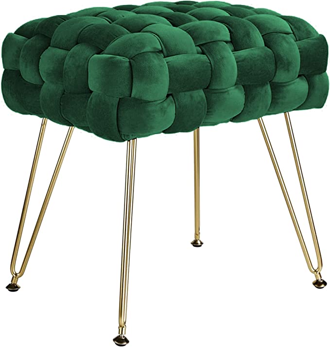 CUYOCA Ottoman Velvet Upholstered Foot Rest Vanity Stool with Metal Legs, Modern Contemporary Accent Stools, Makeup Footstool, Dark Green