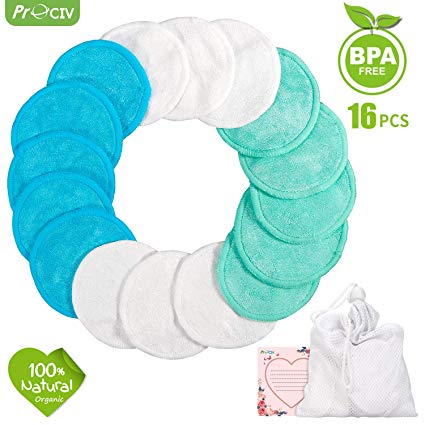 Makeup Remover Pads Reusable 16 Packs Bamboo Cotton Rounds Pads Cleansing Cloth Wipe With Laundry Bag, ProCIV Washable Clean Skin Care Facial Toner Pads Cleansing Towel Wipes (3.15 inch) (16PCS-3 Colors)