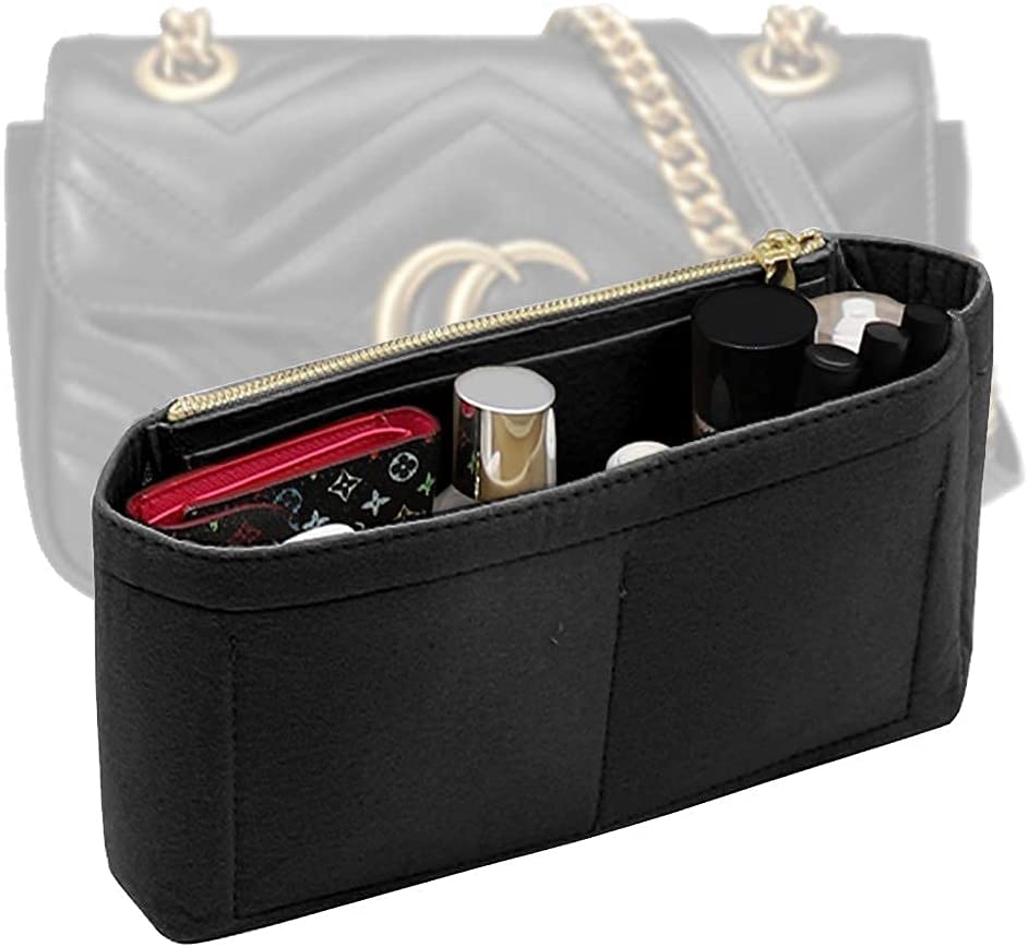 Small Handbag Shaper Insert for GG Marmont Matelasse Shoulder Bag(Pack of 2)Felt Insert Purse Organizer with Zipper- Buy 1 Get 1 Bag Free Small 8030 Black