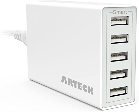 Arteck 40W 5-Port 8A High Speed Multiple USB Charger with Smart Technology for iPhone 11, 11 Pro, 11 Pro Max, Xs Max, Xs, Xr, X, 8, 8 Plus, 7s, 7, 6, iPad, Samsung and other Smartphone, Tablet