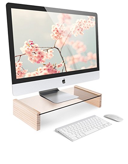 Tenby Living Monitor Desktop Stand, Tempered Glass and Pine - 17.5" x 9.5" x 3.6" - Ergonomic Tabletop Riser for use with Computer, LCD & LED TV, and Laptop / Notebook