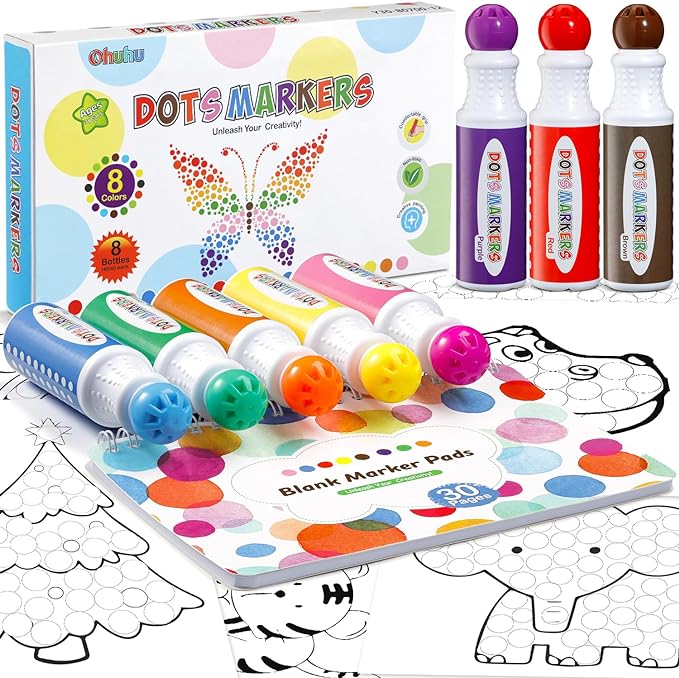 Dot Markers Kit, Ohuhu 8 Colors Paint Marker (40 ml, 1.41 oz.) with a Blank 30 Pages Marker Pad, Water-Based Non-Toxic Bingo Daubers for Kids Children (3 Ages  ), Dot Art Markers for Gift Choice