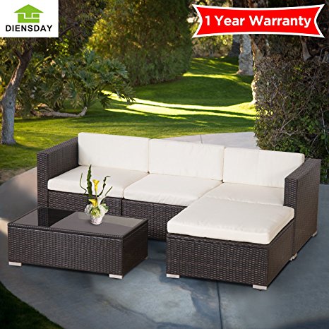 Diensday Deluxe Aluminum 5 Piece All-Weather Cushioned Indoor/Outdoor Patio PE Rattan Furniture Set Sectional Clearance Garden furniture 1 YEAR WARRANTY(Brown, Beige.)