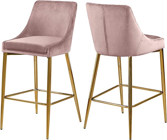 Meridian Furniture 789Pink-C Karina Collection Modern | Contemporary Velvet Upholstered Counter Stool with Polished Gold Metal Legs and Foot Rest, Set of 2, Pink