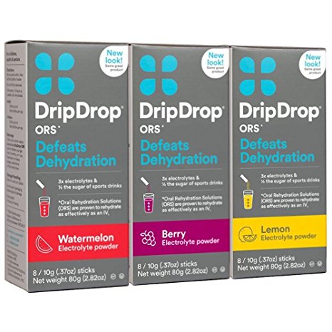 DripDrop ORS Electrolyte Hydration Powder Sticks, Lemon/Berry/Watermelon Variety Pack, 10g, 24 Count