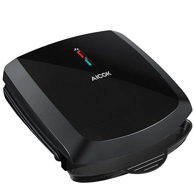 Grill 2-Serving Aicok Nonstick Electric Grill, Panini Press Grill Sandwich Maker, 1000W Fast Cooking Grill, Portable Fat Reducing Grill, Black