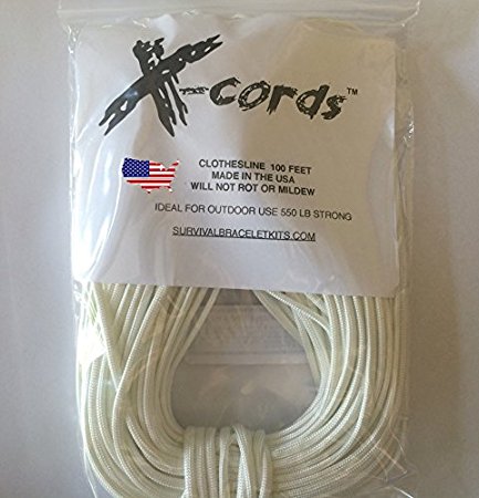 Clothesline 100' X-cords Outdoor Rated Replacement Clothes Line 550 Lb Strong (100 Feet White)