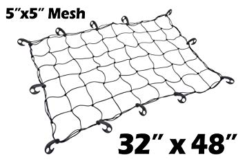 32" x 48" PowerTye Mfg Utility Elastic Cargo Net with 5"x5" Latex Bungee Mesh, 12 Large Adjustable Hooks, Black Net