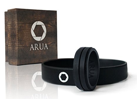ARUA Silicone Wedding Ring for Men. Comfortable and Durable Rubber Wedding Band for Sports, Gym, Outdoors - 2mm thick - Silicone Wristband Included