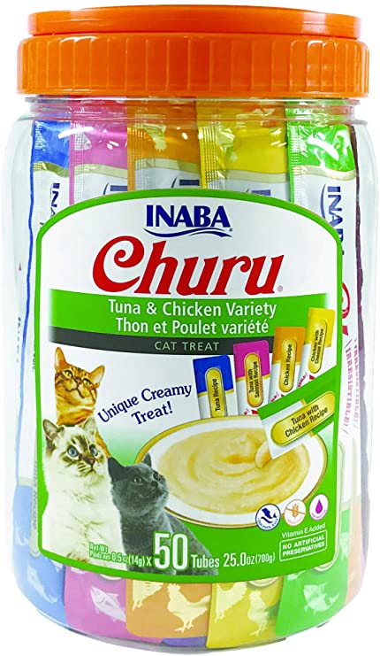 INABA Churu Tuna & Chicken Lickable Creamy Purée Cat Treats 5 Flavor Variety Pack of 50 Tubes