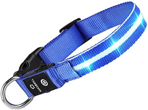 MASBRILL LED Light Up Dog Collar Rechargeable and Waterproof, Flashing Dog Collar for Night Safety, Glowing in the Dark Adjustable Collar for Small Medium Large Dogs(Blue, S)