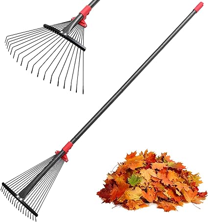 Leaf Rake, Garden Rakes for Lawns Heavy Duty, 9"-16.5" Collapsible Rake Head, 30”-60” Adjustable Long Handle, Metal Rake Tool for Gardening Camping Clear Collect Leaves Debris, 18 Anti-Rust Wire Tines