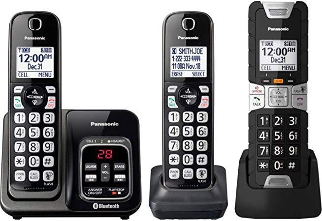 Panasonic Rugged Link2Cell Bluetooth Cordless Phone with Voice Assist, One-Touch Call Block and Answering Machine - 2 Standard Handsets   1 Rugged Handset - KX-TGD583M (Black)