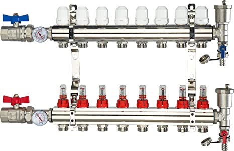 AB WiseWater 8 Loops Pex/Radiant Manifold, ½ and ¾ Inch Compatible Outlets, Up to 1.6 GPM Flow Valve for Hydronic Radiant Floor Heating.
