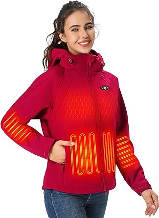 WASOTO Heated Jackets for Women 16000 mAh Battery Pack Lightweight Water-Resistant Slim Fit Heated Coat with Detachable Hood