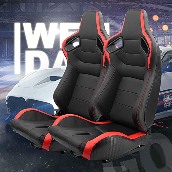 OKLEAD 2pcs Set Sports Style Racing Seats PVC Leather Reclinable Bucket Seat with Slider, Universal Fit for Most Vehicles