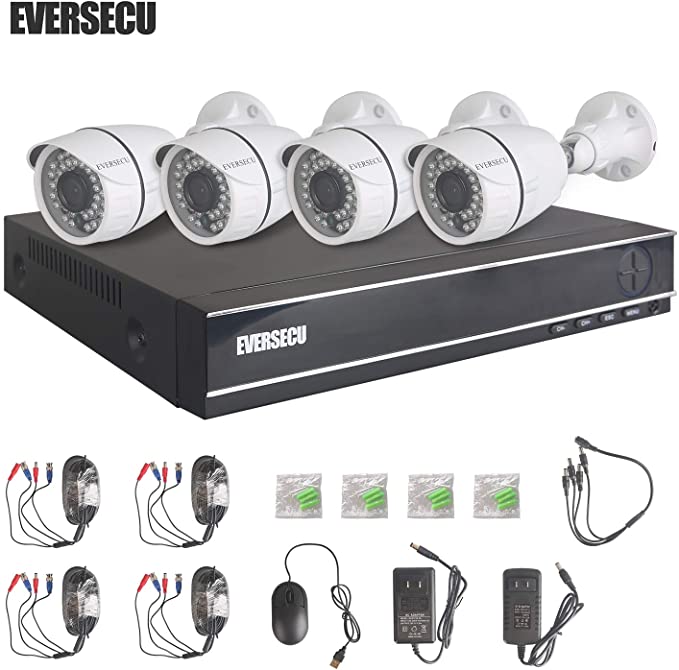 Eversecu 4 Channel Security Camera System 1080N DVR and (4) 1.0MP 720P Weatherproof Cameras Support Night Vison Weatherproof, Motion Alert, Smartphone, PC Easy Remote Access (NO HDD Included)