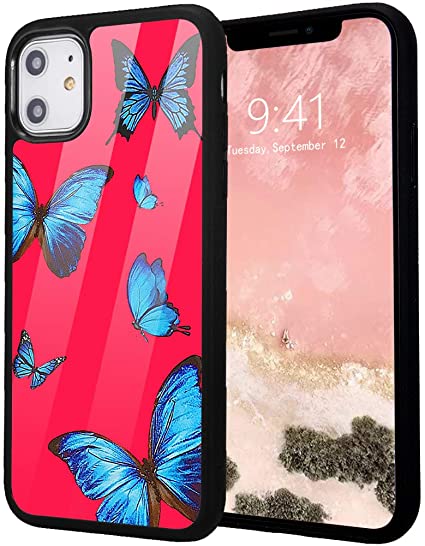 idocolors Butterfly Cases for iPhone 11,Red Cute Design Soft TPU&Aluminum Hard Back Ultra-Thin Shockproof Anti-Fall Protective Gilry Cover Case for iPhone 11 6.1 inch 2019