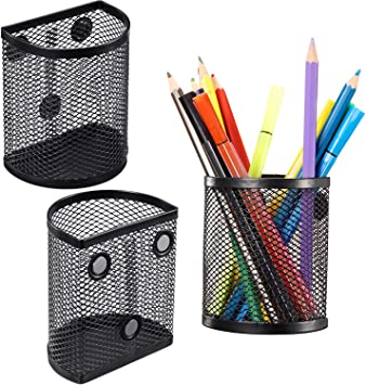 Zonon Magnetic Pencil Holder Set of 3, Mesh Storage Baskets with Magnets to Hold Whiteboard, Locker Accessories, Black (3)