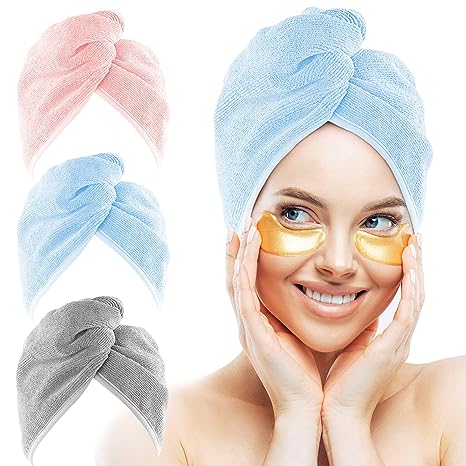 HOMEXCEL Microfiber Hair Towel for Women,3 Packs Hair Turbans for Wet Hair,Super Absorbent Hair Drying Towel Wrap with Double Button for Curly,Longer,Thicker Hair Anti Frizz- 10X 26 Inch