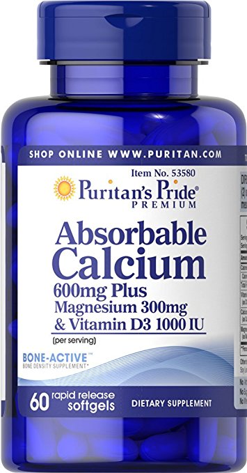 Puritan's Pride Absorbable Calcium 600mg plus Magnesium 300mg & Vitamin D 1000iu-60 Softgels