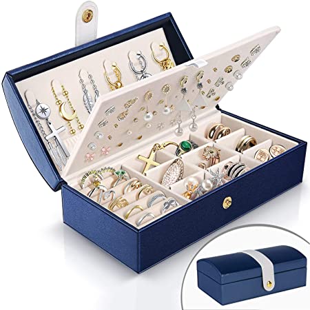 Travel Jewelry Box for Women, JOMARTO Two-Layer Jewelry Display Case PU Leather Jewelry Organizer for Necklace Earring Rings Compact Portable Jewelry Box with Button- Navy Blue