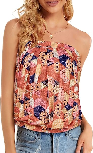 CHICGAL Women's Tube Tops Summer Casual Bandeau Tank Casual Strapless Blouse Off The Shoulder Tunic Shirts