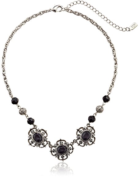 1928 Jewelry "Jet Essentials" Silver-Tone Jet and Crystal Collar Pendant Necklace, 16"