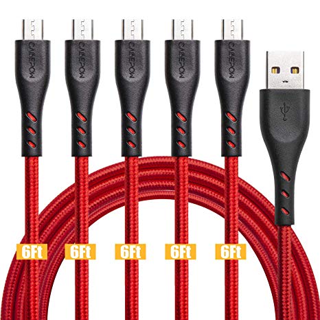 Long Micro USB Cable Android 6ft, CABEPOW 5Pack 6feet Nylon Braided Micro USB Charger Cable, High Speed USB Data Sync Charging Cord for Samsung, HTC, Motorola, Nokia, Kindle, MP3,Tablet and More - Red