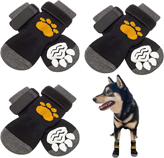 SCIROKKO 3 Pairs Anti-Slip Dog Socks - Adjustable Pet Non-Slip Paw Protection with Golden Paw Pattern for Puppy Doggy Indoor Traction Control Wear on Floor