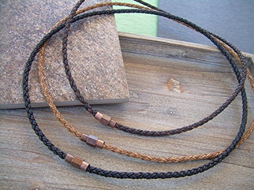 Braided Leather Necklace With Copper Toned Brass Magnetic Clasp Black Natural Antique Brown