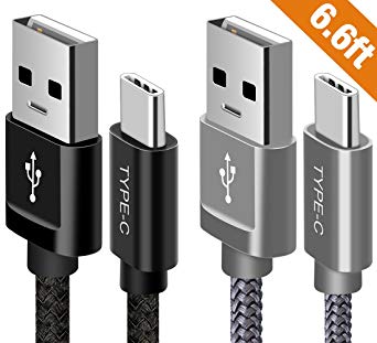 USB Type C Cable, [2 PACK/6.6ft] ALCLAP USB C to USB A Fast Charger (2.4A) Nylon Braided Charging Cord for Samsung Galaxy S8, S9 Plus Note 8, LG V20 G6, Nintendo Switch, Moto G6 Z3 Play (Grey/Black)