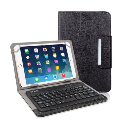 Elzo® 7" 8" PU Leather Folio Case with Magnetic Closure and Detachable Rechargeable Bluetooth Keyboard for iPad, iPad Mini, Samsung, Lenovo, Acer, ASUS, HP Tablet (7-8 inch, Black)