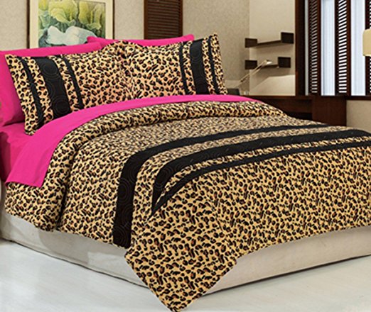Dovedote Cotton Golden Black Leopard Animal Print Bedspread with Hot Pink Sheet Set, Queen, Reversible, 7 Piece