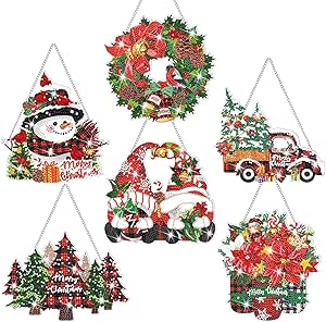 Zonon 6 Pcs Christmas Diamond Painting Hanging Sign Set 5D Gnome Snowman Diamond Art Set for Adults DIY Art Pendant Ornaments Kits Acrylic Christmas Tree Wreath Truck for Christmas Wall Window Decor