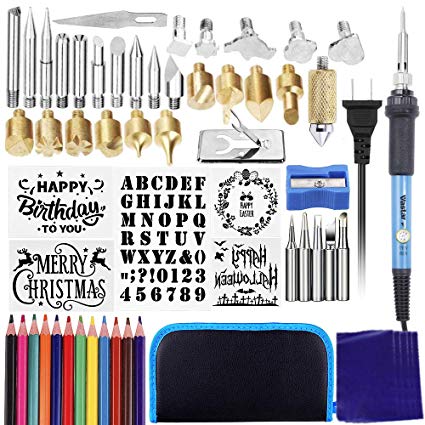 Vastar 48pcs Wood Burning Kit - Soldering Iron, Temperature Adjustable with Wood Burning Pen   Embossing/Carving/Soldering Tips, 5 Stencils,12 Pencils,Stand & Sharpener (Blue)