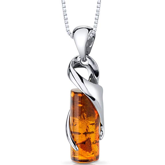Baltic Amber Cylindrical Pendant Necklace Sterling Silver Cognac Color