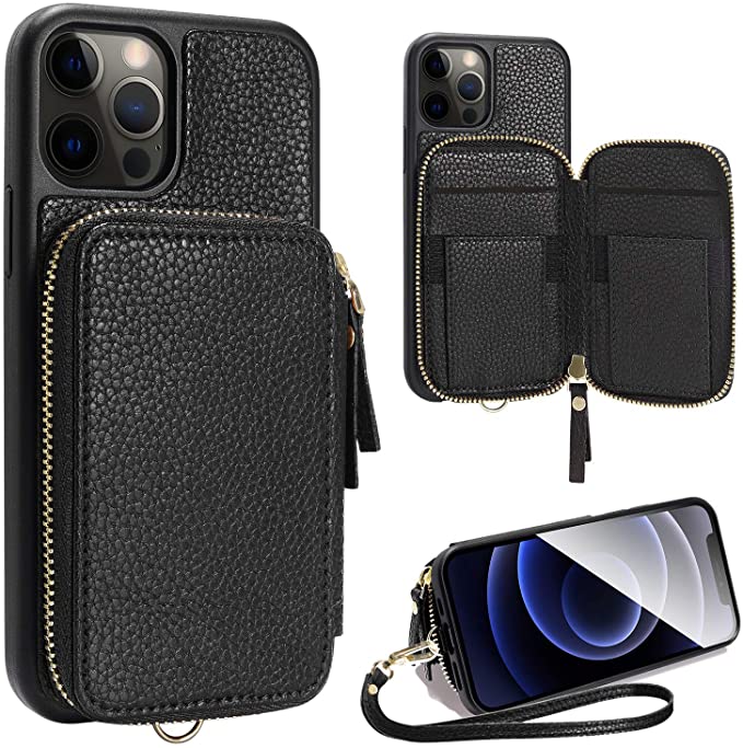 ZVE Wallet Case Compatible with iPhone 12 Pro/iPhone 12 6.1 inch, Zipper Case with Card Holder Slot Wrist Strap Leather Protective Purse Case for iPhone 12 and iPhone 12 Pro (2020) - Black