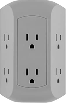 GE UltraPro 6-Outlet Surge Protector Adapter Spaced, 3-Prong Power Strip Wall Tap, Charging Station, Side Access, Gray, 47823