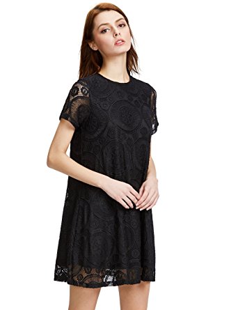 Romwe Women's Plain Short Sleeve Floral Summer Floral Lace Prom Party Shift Dress